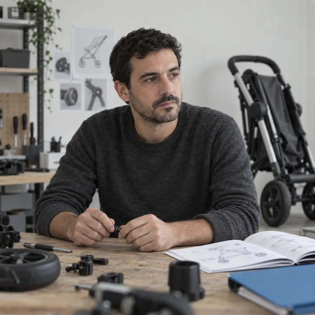 Tiago Vieira à son établi, une poussette pliée et une notice ouverte derrière lui