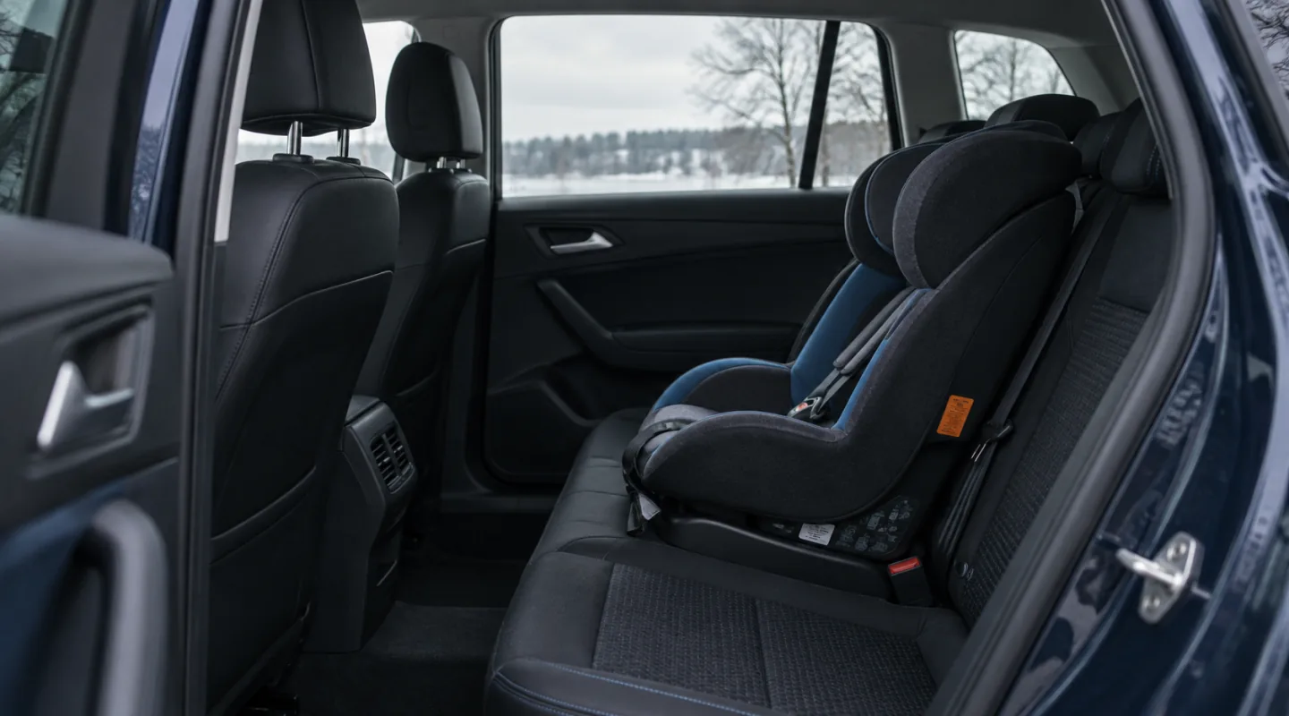 Siège auto installé sur la banquette arrière d’une voiture, portière ouverte, une étiquette orange visible sur le flanc de la coque