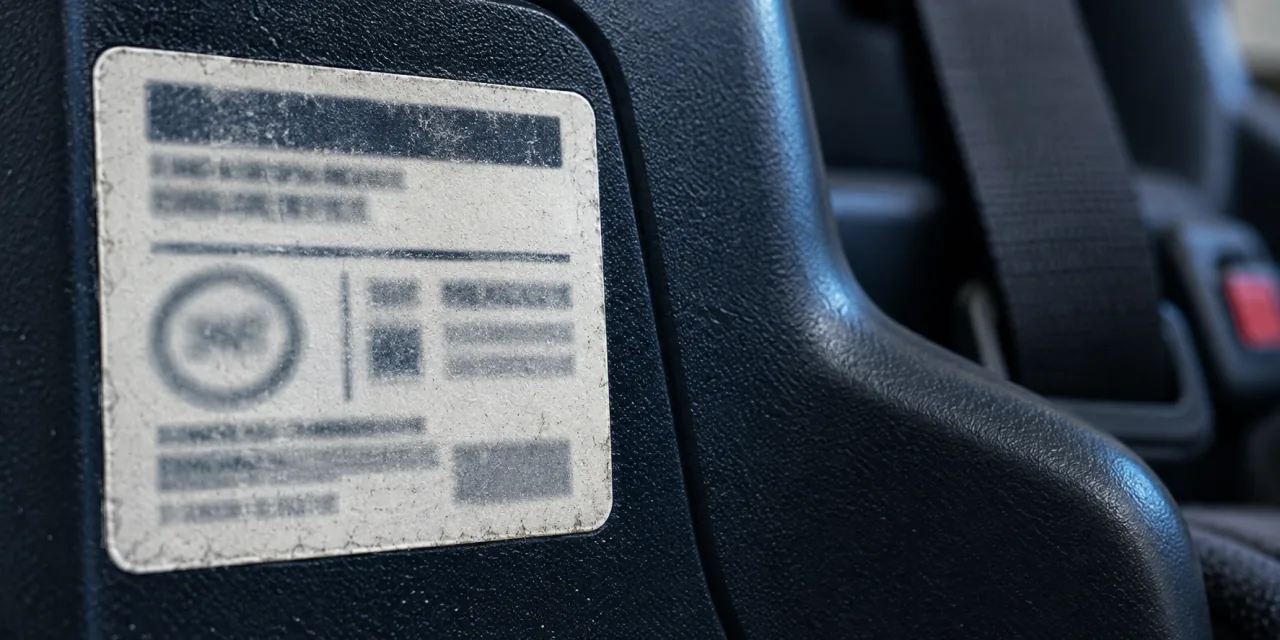 Gros plan sur une étiquette rectangulaire collée sur la coque d’un siège auto, ses caractères imprimés restant illisibles