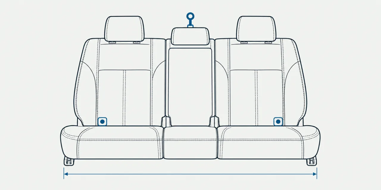 Schéma au trait d’une banquette arrière vue de face, deux ancrages bas et un point d’attache haut marqués en bleu, la largeur de banquette cotée sous l’assise
