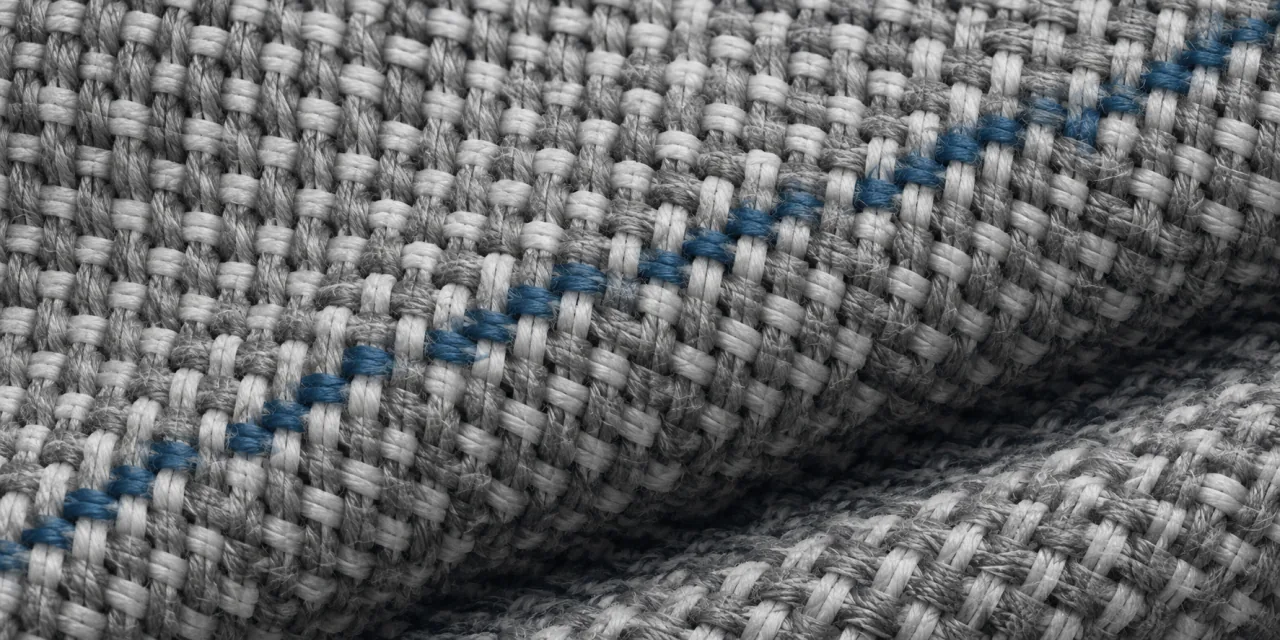 Macro sur un tissu tissé, chaîne et trame nettement séparées, un fil bleu courant dans le tissage