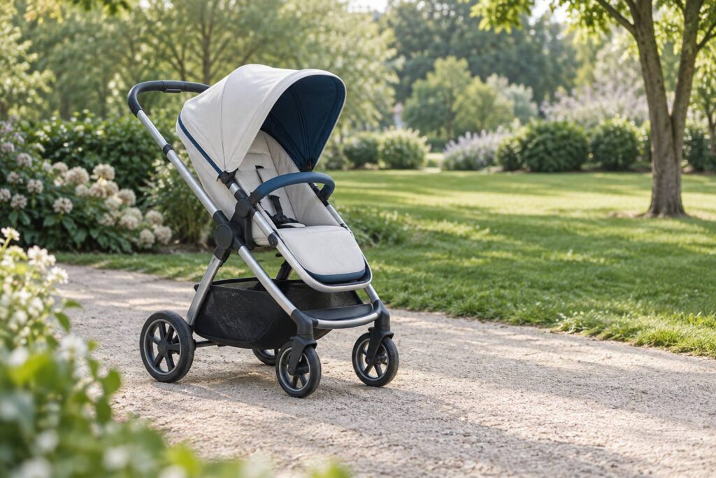 Poussette vide capote relevee en toile anti-UV claire dans un parc