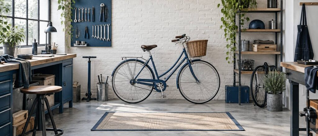 Velo urbain generique avec guidon reglable contre un mur de briques