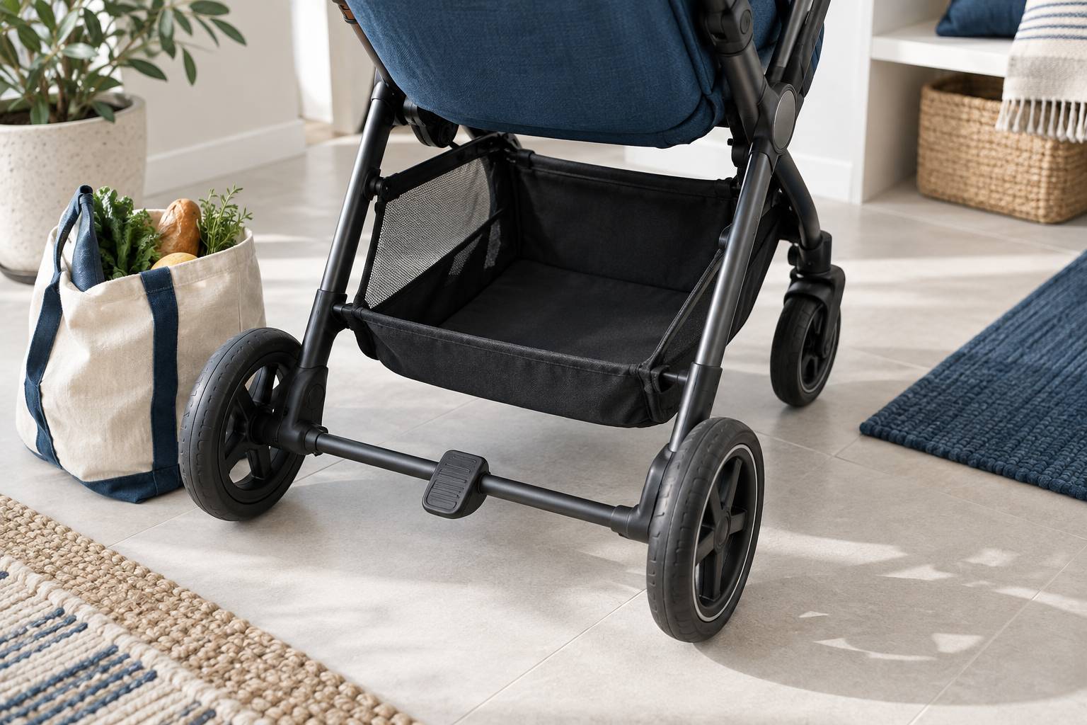 Panier inferieur d'une poussette avec roues et frein visibles
