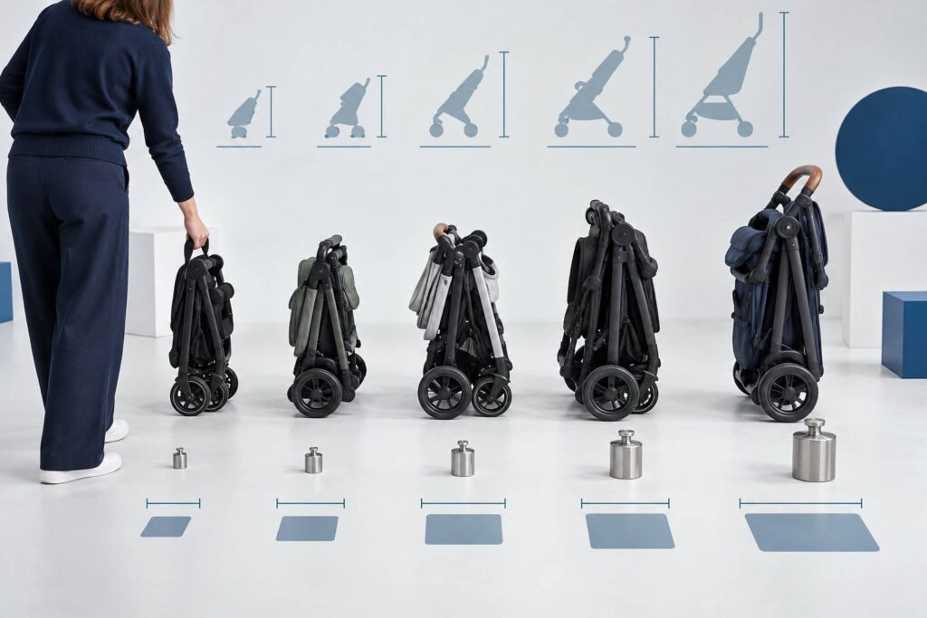 Illustration éditoriale du sujet : Poussette canne : comparatif, poids et dimensions pliée