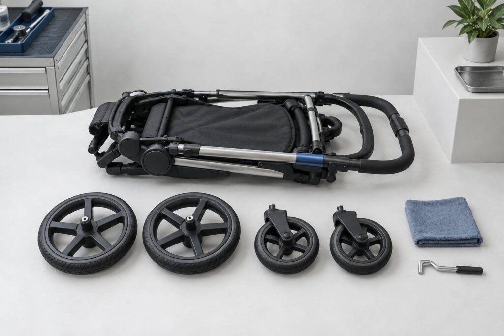 Chassis de poussette plie et roues demontees dans un atelier sobre