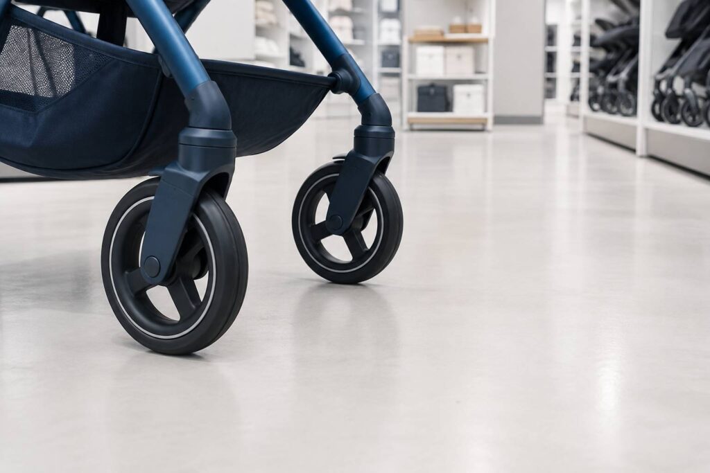 Poussette generique neutre avec roues avant visibles sur un sol de magasin lisse