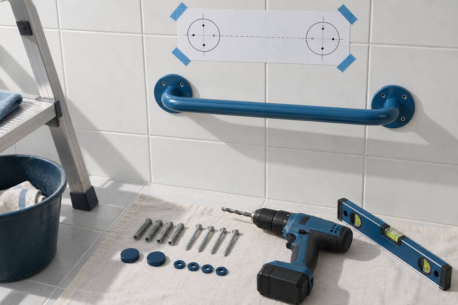 Barre de maintien, chevilles et perceuse sur un mur carrele en travaux