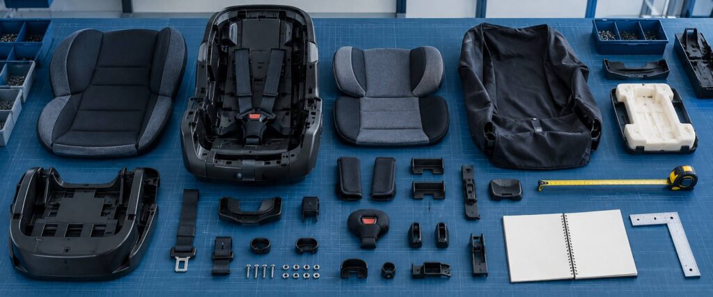 Siège auto enfant générique, mètre ruban et carnet technique sur un plan de travail