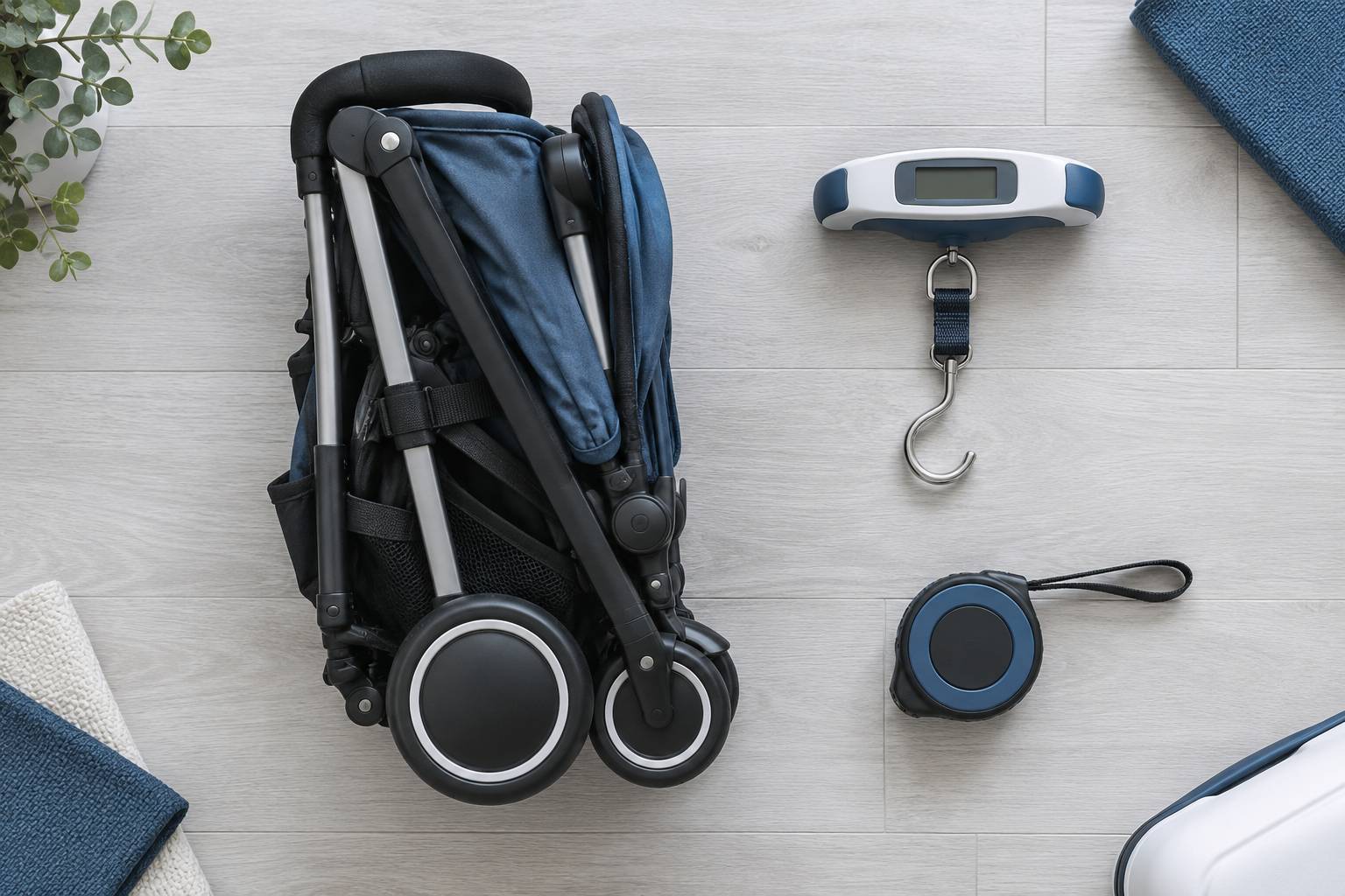 Poussette pliee et balance de bagage sur un parquet clair