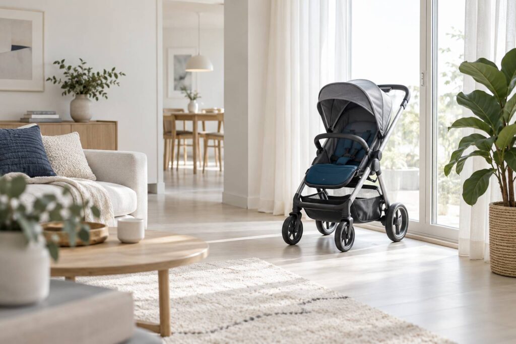 Poussette generique rangee dans un interieur familial lumineux