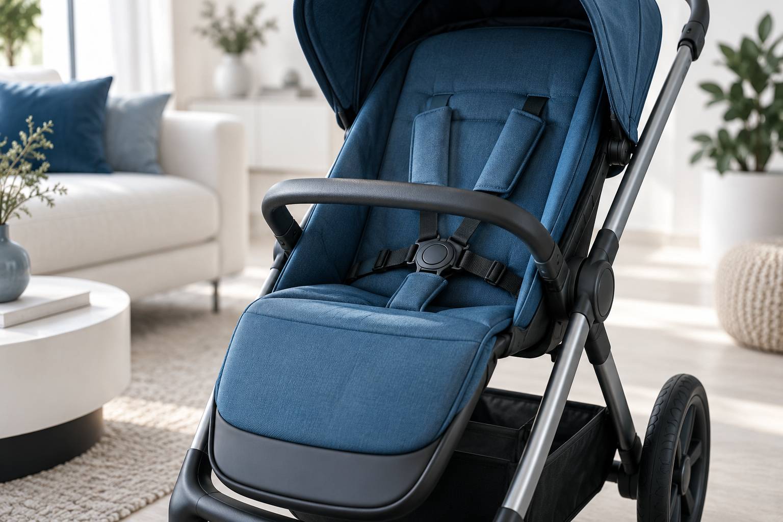 Gros plan de l'assise allongee et du dossier textile d'une poussette
