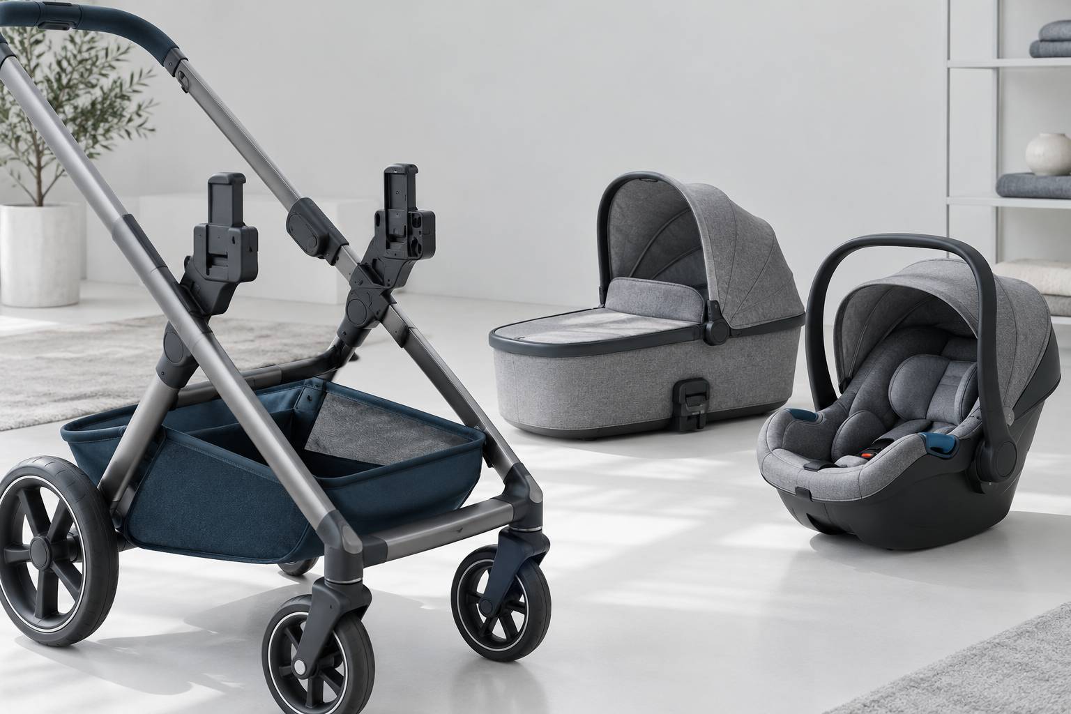 Gros plan sur le chassis et la nacelle clipsee d'une poussette