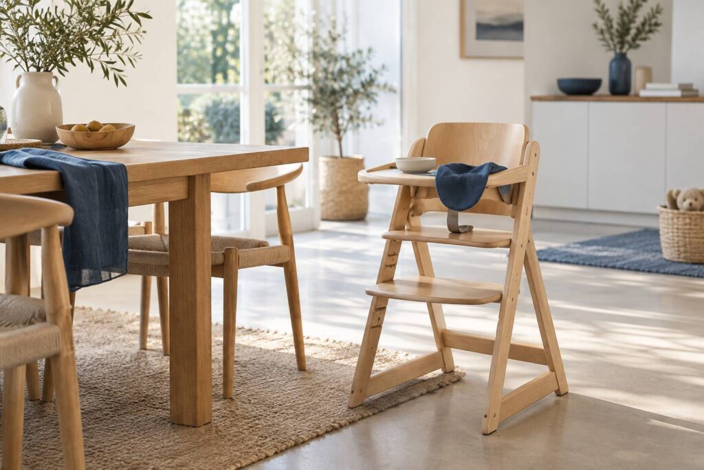 Chaise haute en bois avec repose-pieds reglable dans un coin repas lumineux