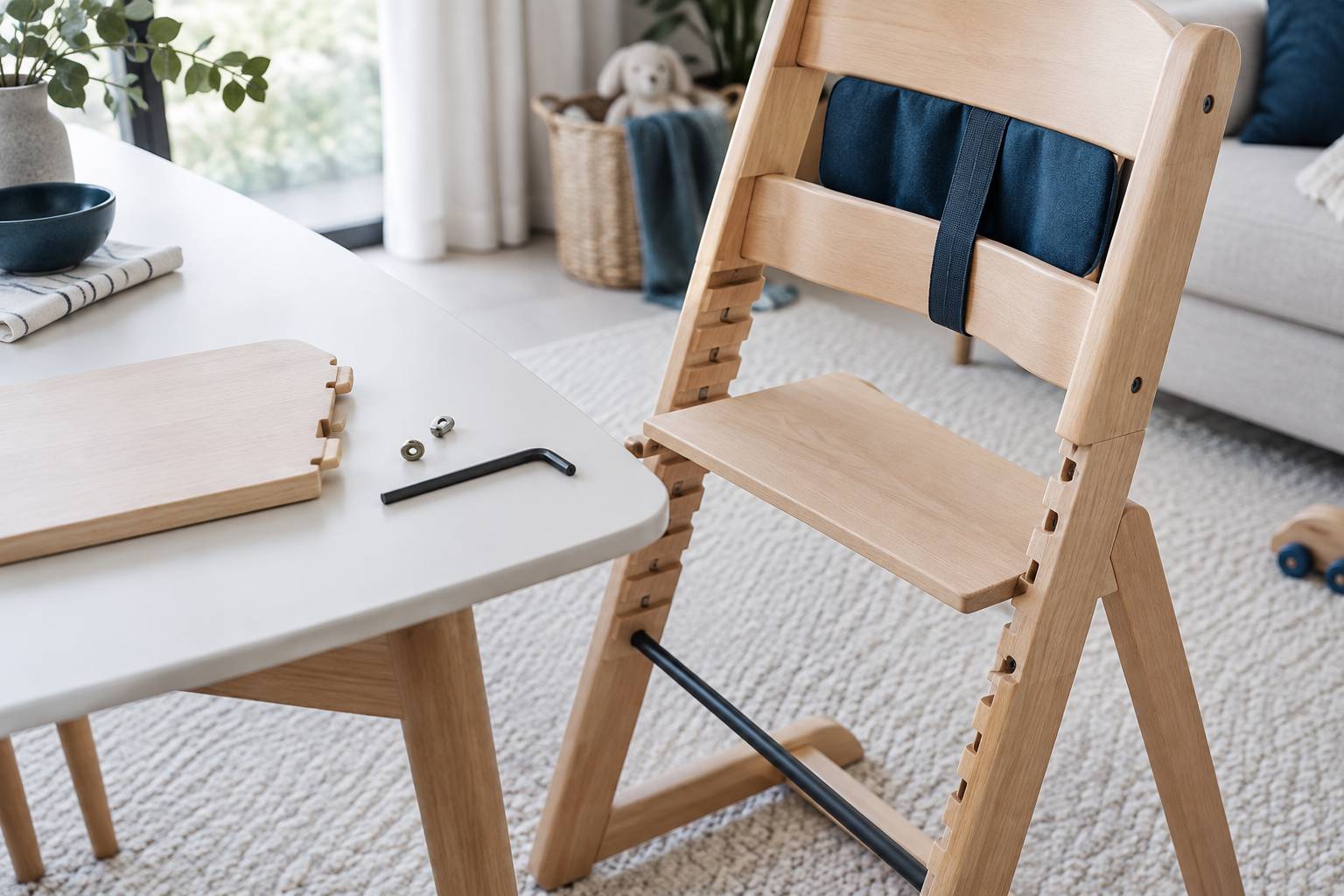 Reglage d'un repose-pieds de chaise haute avec petite vis et cle