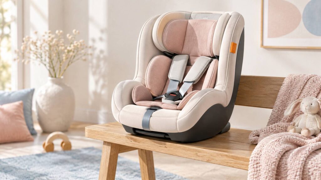 Siège-auto pour enfant avec étiquette orange d'homologation sur un banc